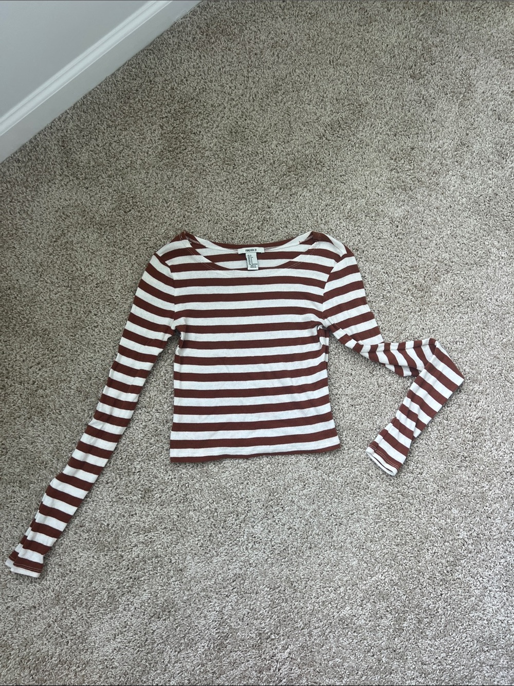 Forever 21 Striped Long-Sleeve Crop Top - White & Brown
